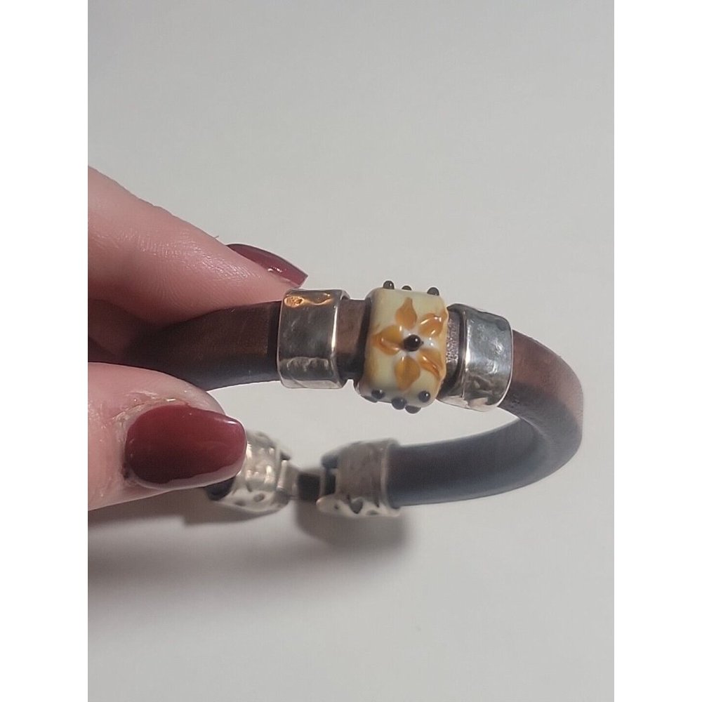 Sterling Silver Lampwork Glass Brown Eyed Susan 925 Leather Hippie Bracelet Gift